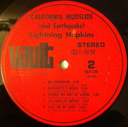 Lightnin' Hopkins : California Mudslide (And Earthquake) (LP, Album)