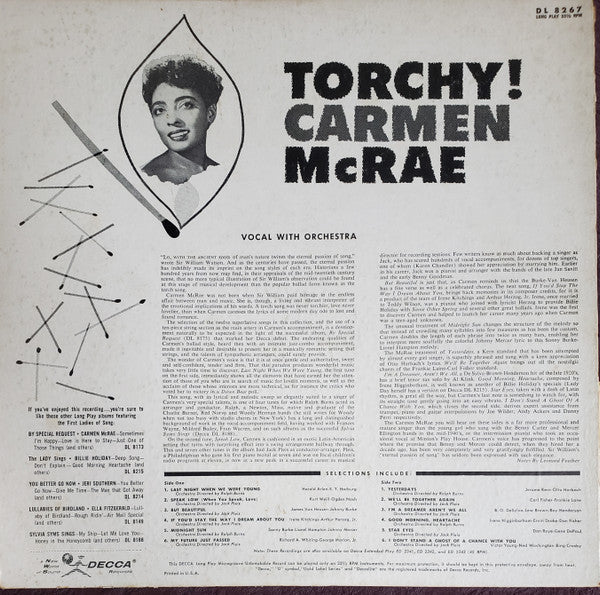 Carmen McRae : Torchy! (LP, Mono)