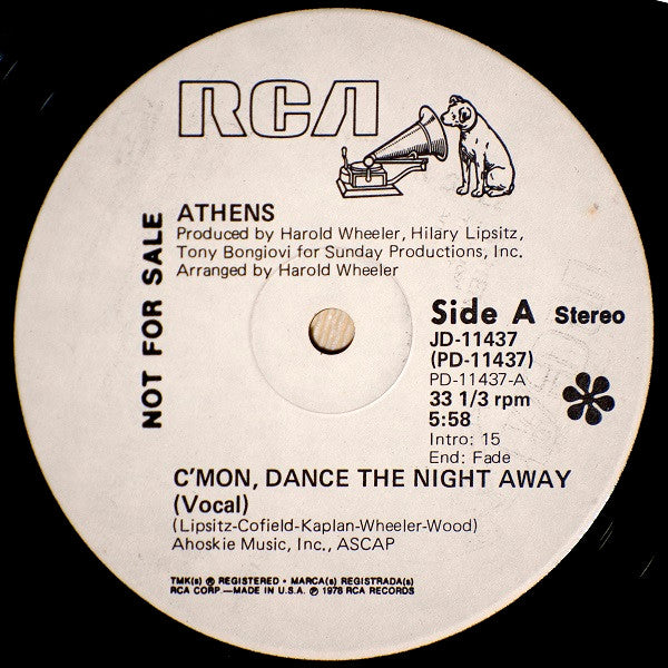 Athens : C'mon, Dance The Night Away (12", Maxi, Promo)