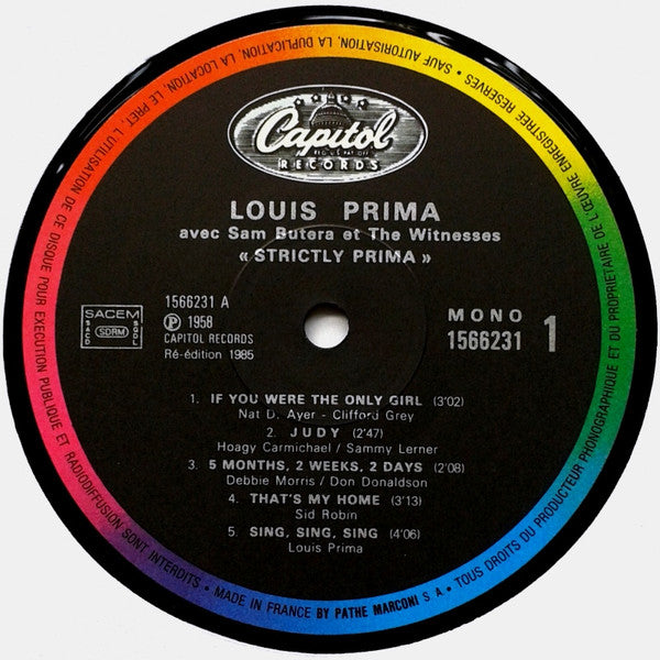 Louis Prima With Sam Butera And The Witnesses : Strictly Prima! (LP, Album, Mono, RE)