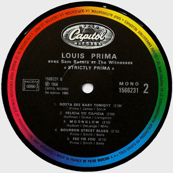 Louis Prima With Sam Butera And The Witnesses : Strictly Prima! (LP, Album, Mono, RE)