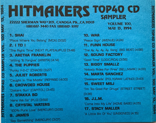 Various : Hitmakers Top 40 CD Sampler Volume 100 May 13, 1994 (CD, Comp, Promo, Smplr)