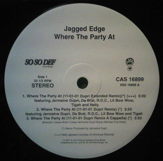 Jagged Edge (2) Featuring Jermaine Dupri, Da Brat, R.O.C., Lil' Bow Wow, Tigah & Nelly : Where The Party At (12", Promo)