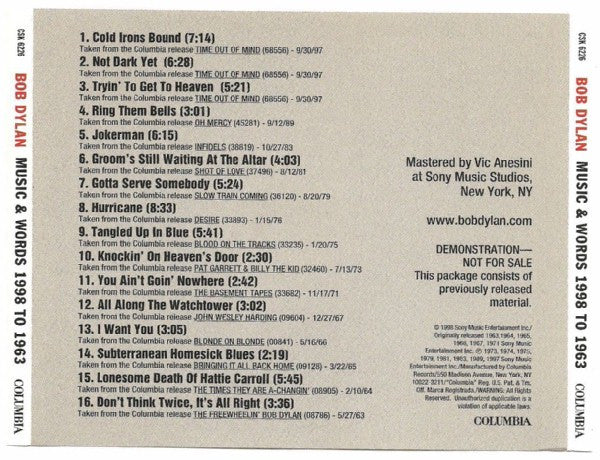 Bob Dylan : Music & Words 1998 To 1963 (CD, Comp, Promo)