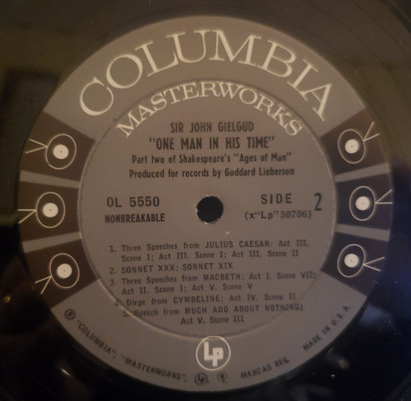 John Gielgud : "One Man In His Time" - Part Two Of Shakespeare's "Ages Of Man" (LP, Mono)