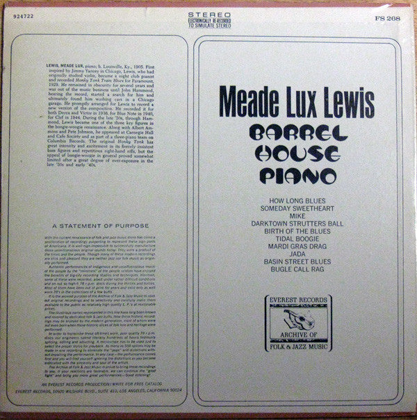 Meade "Lux" Lewis : Barrel House Piano (LP, Album, RE, Ele)