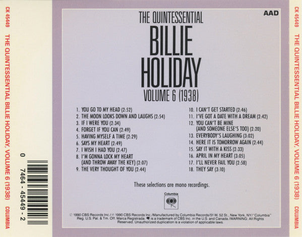 Billie Holiday : The Quintessential Billie Holiday Volume 6 (1938) (CD, Comp, Mono, RE, RM)