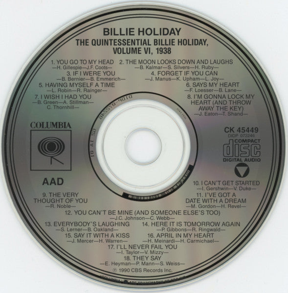 Billie Holiday : The Quintessential Billie Holiday Volume 6 (1938) (CD, Comp, Mono, RE, RM)