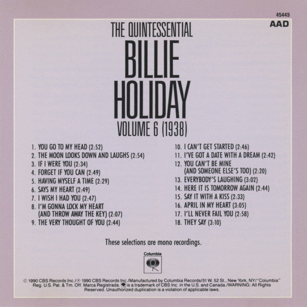 Billie Holiday : The Quintessential Billie Holiday Volume 6 (1938) (CD, Comp, Mono, RE, RM)