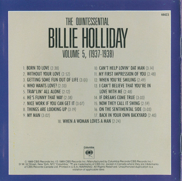 Billie Holiday : The Quintessential Billie Holiday Volume 5 (1937-1938) (CD, Comp, RE, RM)