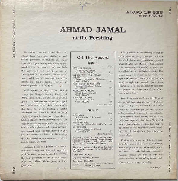 Ahmad Jamal Trio : Ahmad Jamal At The Pershing (LP, Album, Mono, Gre)
