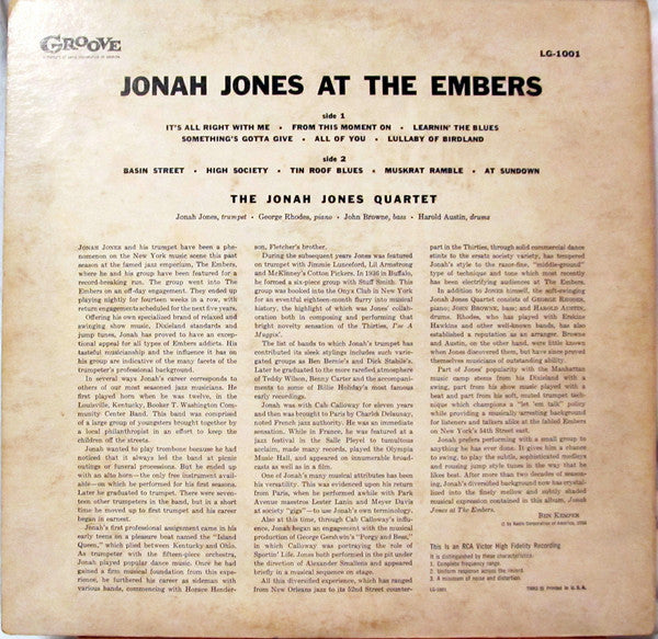 The Jonah Jones Quartet : Jonah Jones At The Embers (LP, Album, Mono)