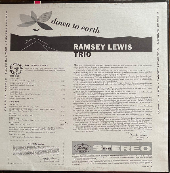 The Ramsey Lewis Trio : Down To Earth (Music From The Soil) (LP, Album)