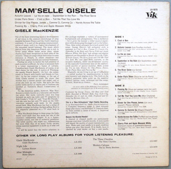 Gisele MacKenzie : Mam'selle Gisele (LP, Album, Mono)
