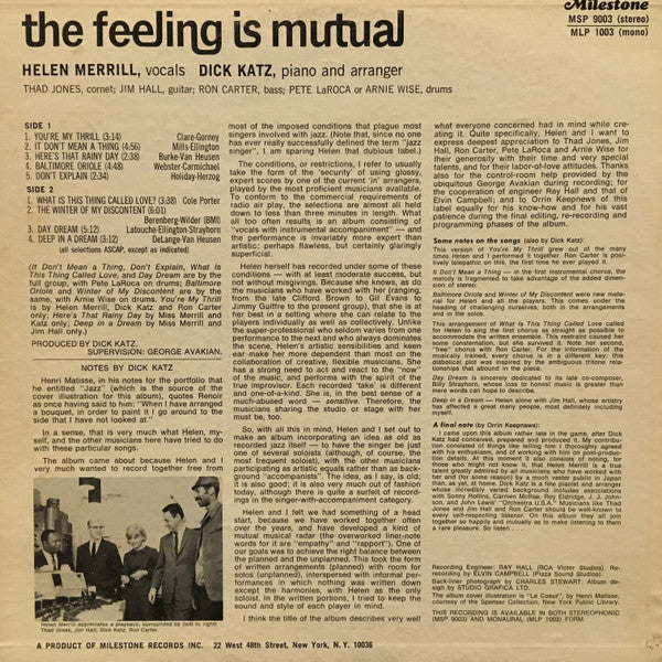 Helen Merrill Together With Dick Katz : The Feeling Is Mutual (LP, Album)
