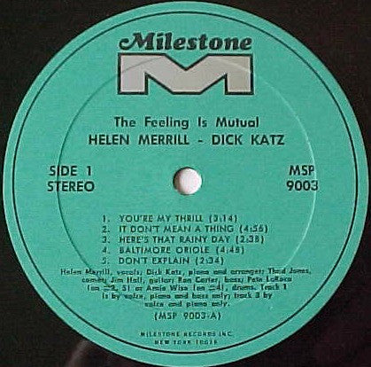 Helen Merrill Together With Dick Katz : The Feeling Is Mutual (LP, Album)