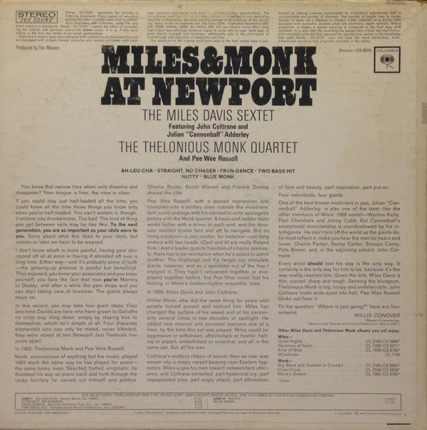 The Miles Davis Sextet & The Thelonious Monk Quartet : Miles & Monk At Newport (LP, Album)