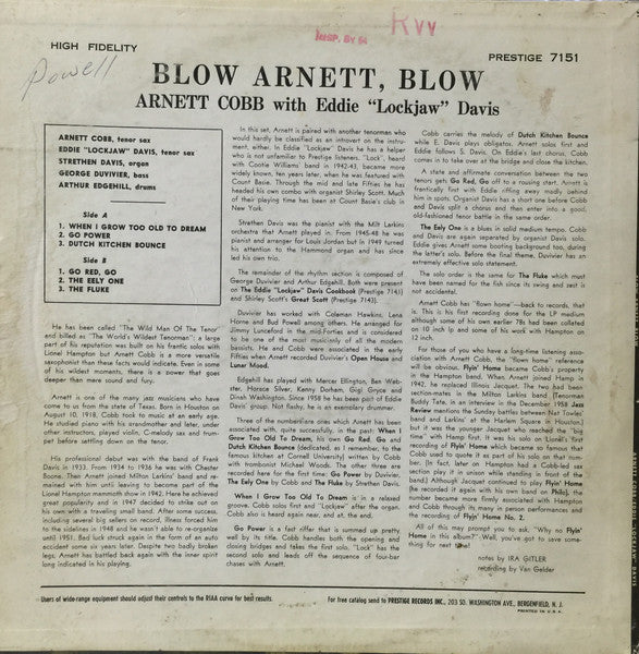Arnett Cobb And Eddie "Lockjaw" Davis : Blow, Arnett, Blow (LP, Album)