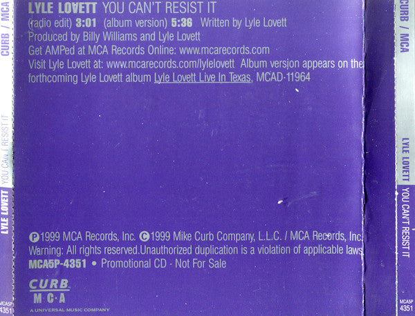 Lyle Lovett : You Can't Resist It (CD, Single, Promo)