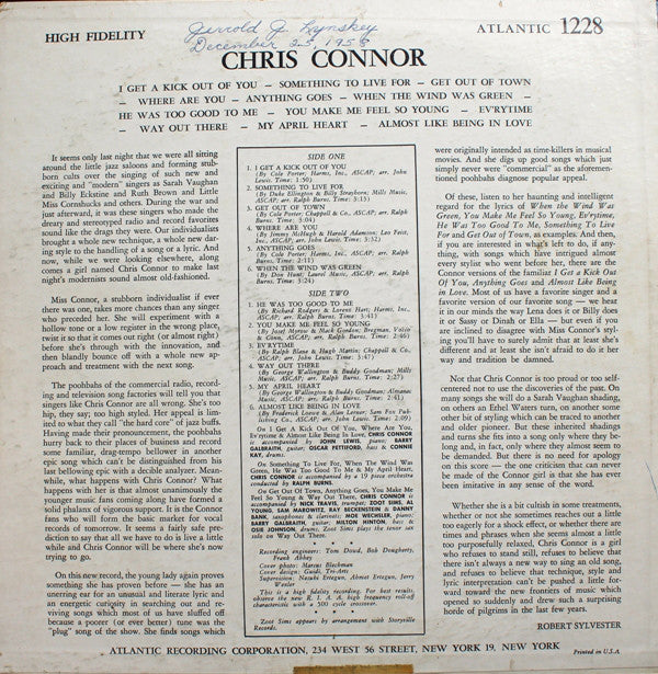 Chris Connor : Chris Connor (LP, Album, Mono)
