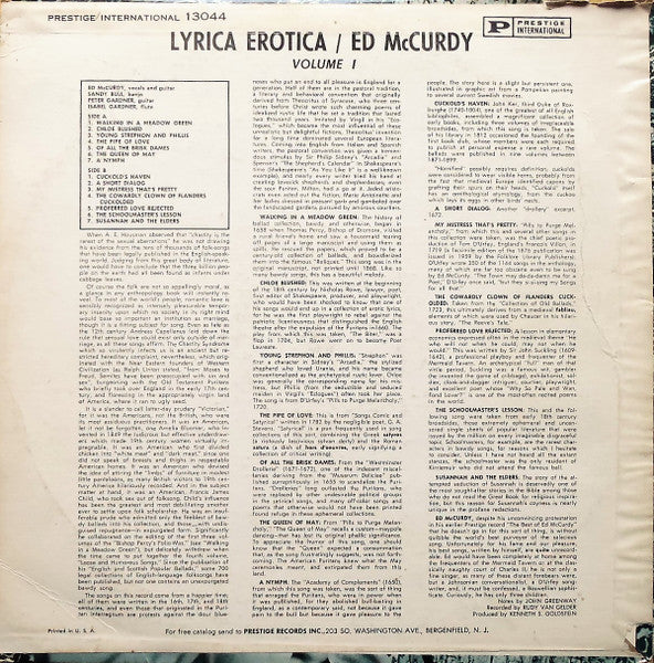 Ed McCurdy : Lyrica Erotica: Volume I (LP, Album, Mono)