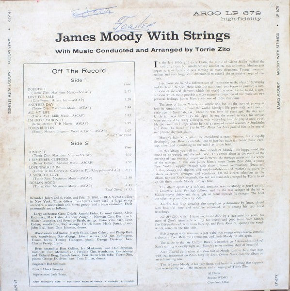 James Moody : Moody With Strings (LP, Album, Mono)