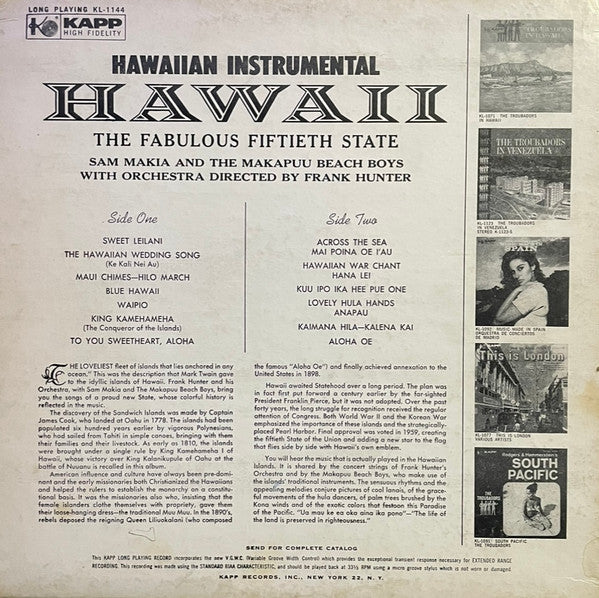 Sam Makia And The Makapuu Beach Boys With Frank Hunter And His Orchestra : Hawaii - The Fabulous Fiftieth State (LP, Album, Mono, RE, Pit)