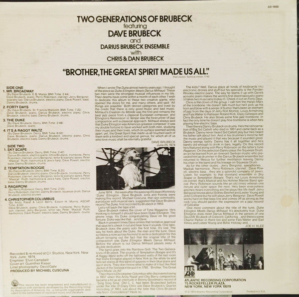 Dave Brubeck And Darius Brubeck Ensemble With Chris Brubeck & Dan Brubeck : Two Generations Of Brubeck "Brother, The Great Spirit Made Us All". (LP, Album, RI )
