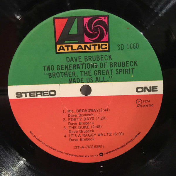 Dave Brubeck And Darius Brubeck Ensemble With Chris Brubeck & Dan Brubeck : Two Generations Of Brubeck "Brother, The Great Spirit Made Us All". (LP, Album, RI )