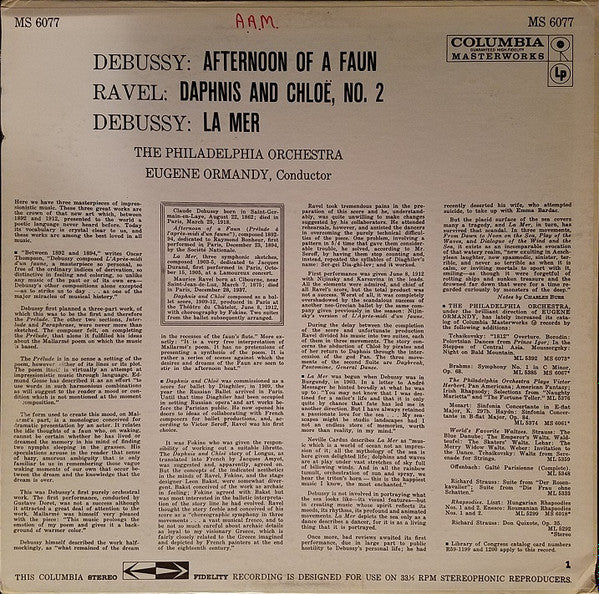 The Philadelphia Orchestra, Eugene Ormandy : Afternoon Of A Faun / Daphnis And Chloe, No. 2 / La Mer (LP, Album)