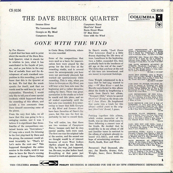 The Dave Brubeck Quartet : Gone With The Wind (LP, Album, Pit)