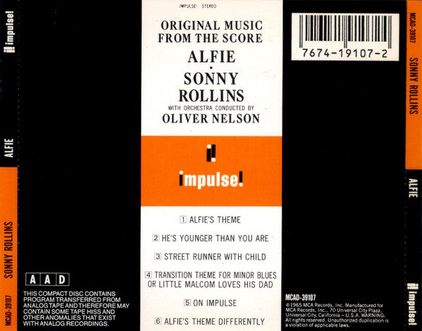 Sonny Rollins With Orchestra Conducted By Oliver Nelson : Original Music From The Score "Alfie" (CD, Album, RE)