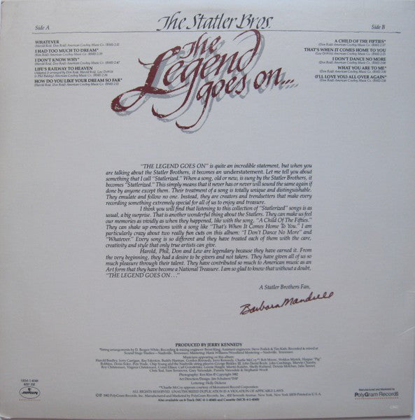 The Statler Brothers : The Legend Goes On... (LP, Album)