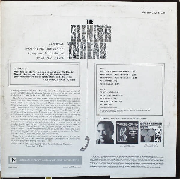Quincy Jones : The Slender Thread (Original Motion Picture Score) (LP, Mono)