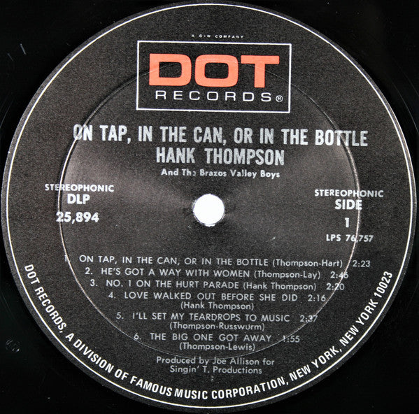 Hank Thompson and His Brazos Valley Boys : On Tap, In The Can, Or In The Bottle (LP, Album, Mon)
