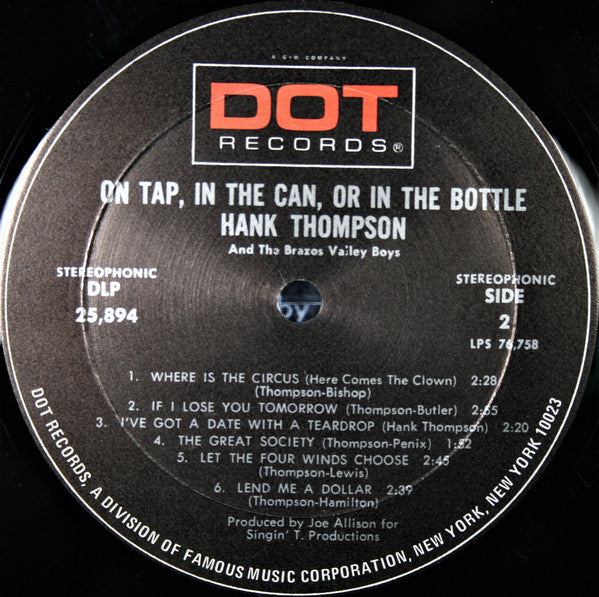 Hank Thompson and His Brazos Valley Boys : On Tap, In The Can, Or In The Bottle (LP, Album, Mon)