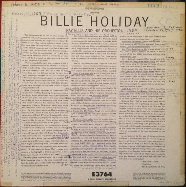 Billie Holiday With Ray Ellis And His Orchestra : Billie Holiday (LP, Mono, RP)