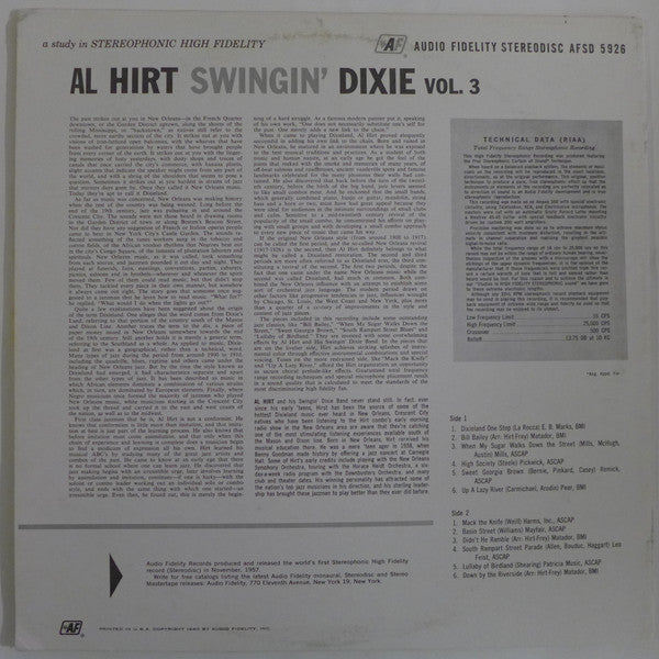 Al Hirt : Swingin' Dixie! (At Dan's Pier 600 In New Orleans) Vol. 3 (LP, Album, RE)