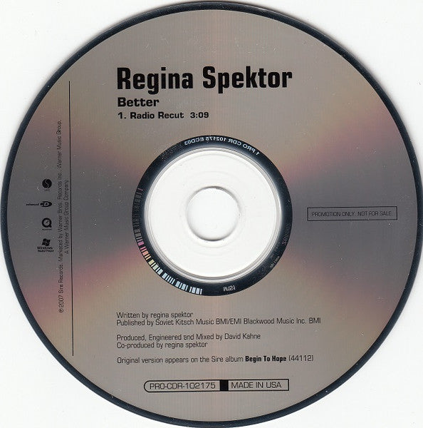 Regina Spektor : Better (CD, Single, Enh, Promo)