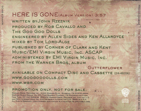 The Goo Goo Dolls* : Here Is Gone (CD, Single, Promo)