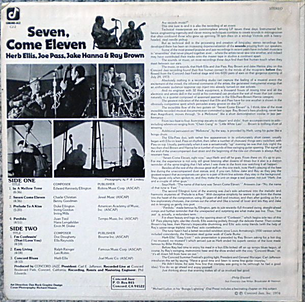 Herb Ellis & Joe Pass Also Featuring Jake Hanna & Ray Brown : Seven, Come Eleven (From Their Live Performance At The Concord Summer Festival) (LP, Album)
