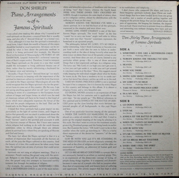Don Shirley : Piano Arrangements Of Famous Spirituals (LP, Album, Mono)