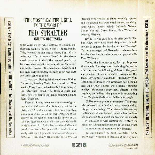 Ted Straeter And His Orchestra : The Most Beautiful Girl In The World (10")