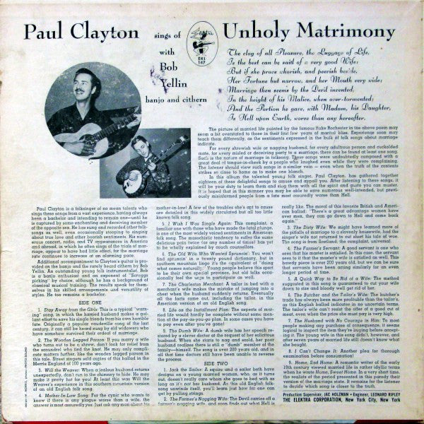 Paul Clayton (2) : Paul Clayton Sings Unholy Matrimony (LP, Mono)
