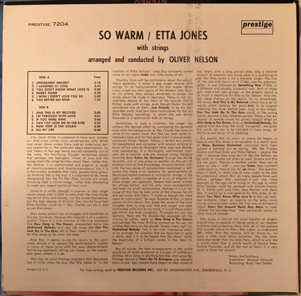 Etta Jones And Strings : So Warm (LP, Album, Mono)