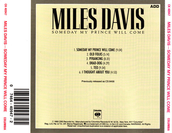Miles Davis : Someday My Prince Will Come (CD, Album, RE, RM)