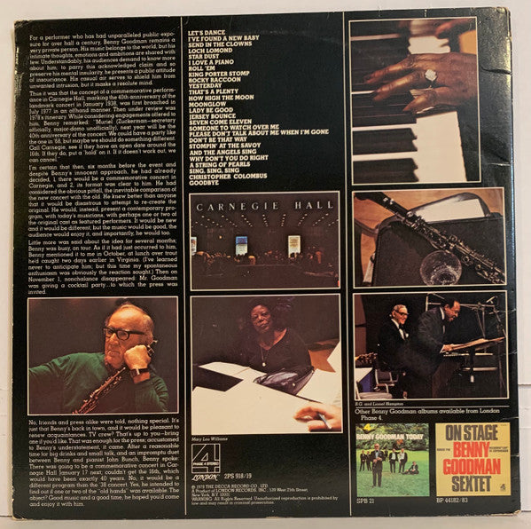 Benny Goodman : Live At Carnegie Hall 40th Anniversary Concert (2xLP, Album)
