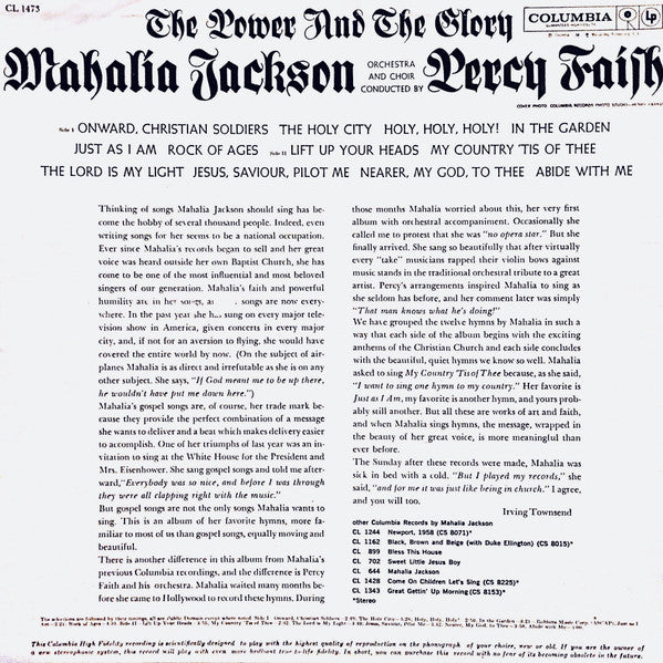 Mahalia Jackson With Orchestra And Choir Conducted By Percy Faith : The Power And The Glory (LP, Album, Mono, Ter)