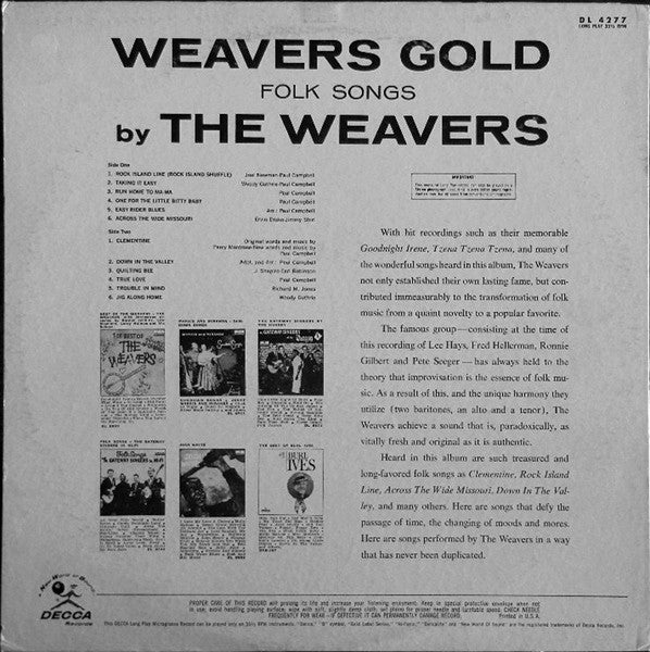 The Weavers : Weavers Gold Folk Songs By The Weavers (LP, Album, Mono)