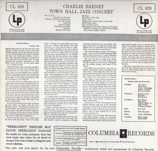 Charlie Barnet : Town Hall Jazz Concert (LP, Album, Mono, RP, Six)